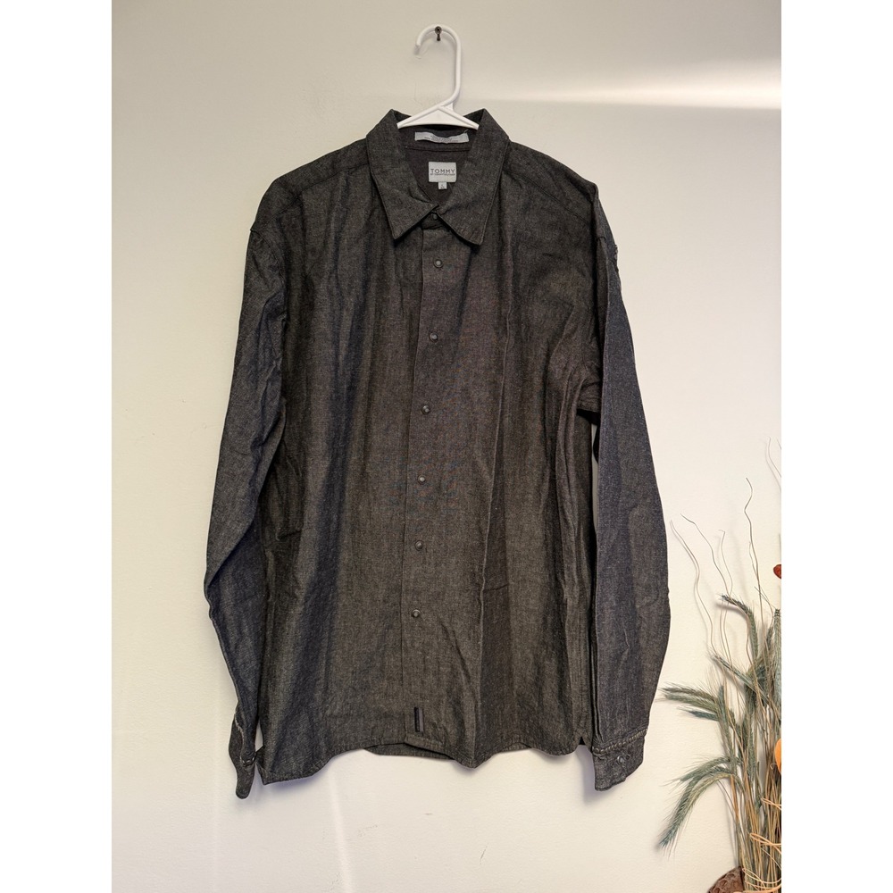 Vintage Tommy Hilfiger Mens Studded Charcoal Grey Cotton Long Sleeve Shirt Large